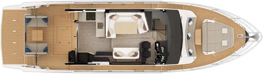 Top view of a luxury yacht interior, featuring seating areas, a kitchen, and a control panel. Wood decking and stylish decor included.
